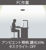 PC作業 － アンビエント照明: 調光30% 、タスクライト: OFF